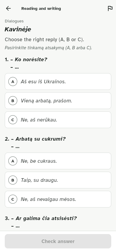 A reading task: choose the right reply in a café dialogue